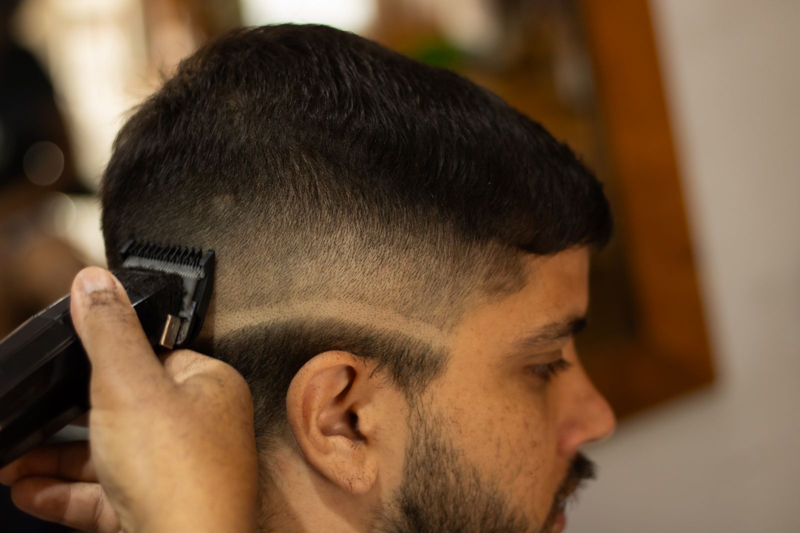 Close-up of a fresh skin fade haircut
